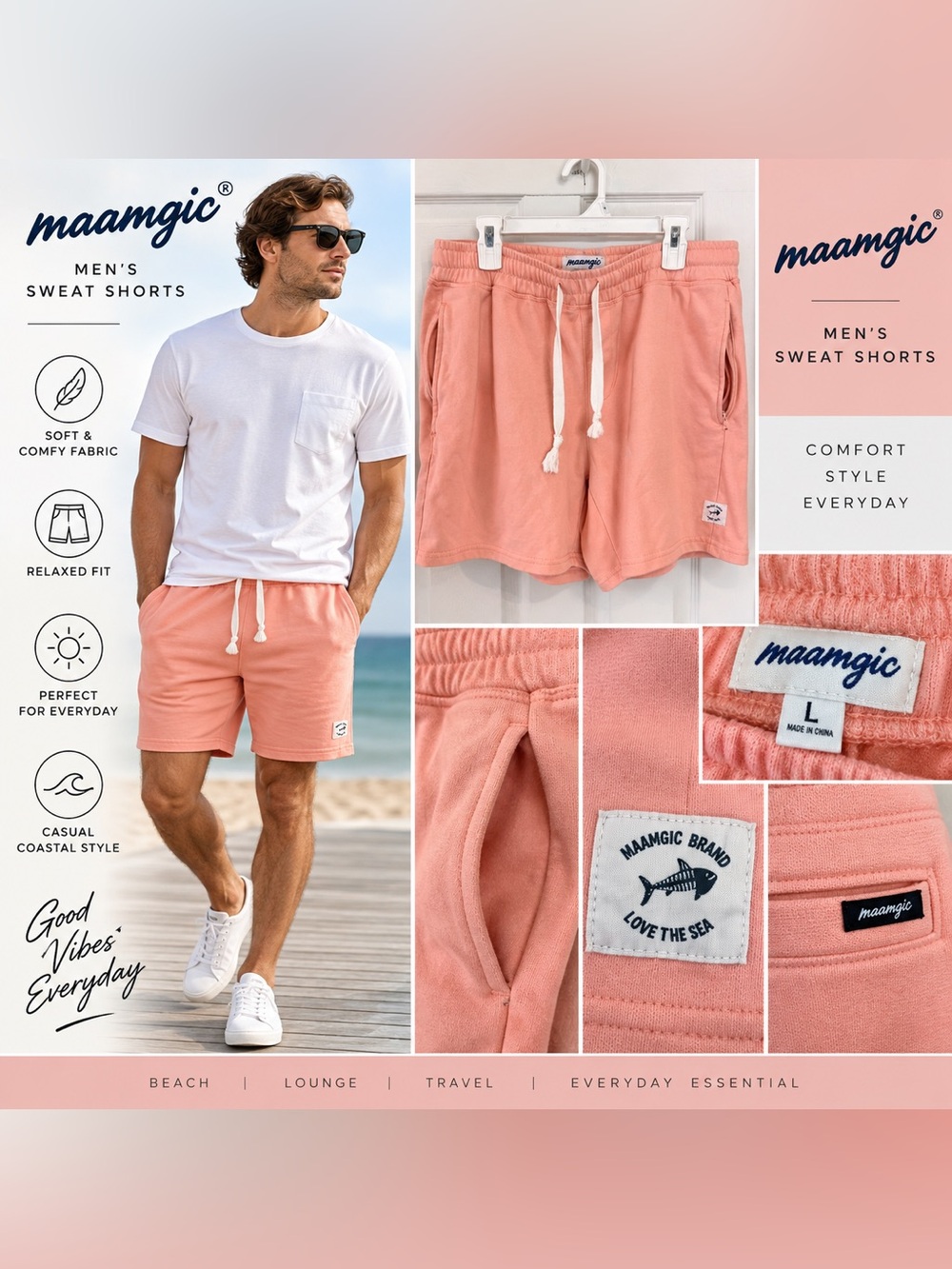MAAMGIC Men’s Lounge Sweat Shorts Size L Coral Pink Cotton Blend Zip Pockets